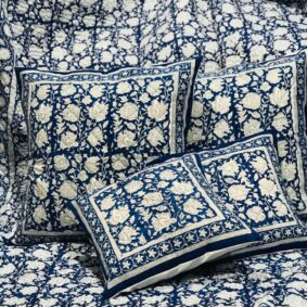 Dark Blue Indigo Flower Jaipuri Hand Block Print Quilted Cushion Cover Set of 5