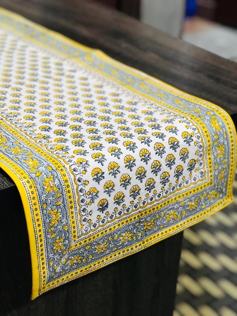 Golden Butti Jaipuri Hand Block Print Cotton Table Runner