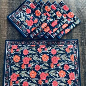 Dark Navi Blue Morning Glory Hand Block Printed Cotton Table Mats & Napkins ( Set )