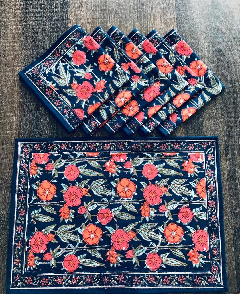 Dark Navi Blue Morning Glory Hand Block Printed Cotton Table Mats & Napkins ( Set )