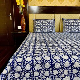 Blue Indigo Flowrel Jaal Hand Block Print Jaipuri Cotton Bedsheet With Two Pillow Cover