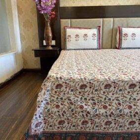Premium Red Golden Kripal jaal Hand Block Print Jaipuri Cotton Bedsheet With Two Reversible Pillow Cover