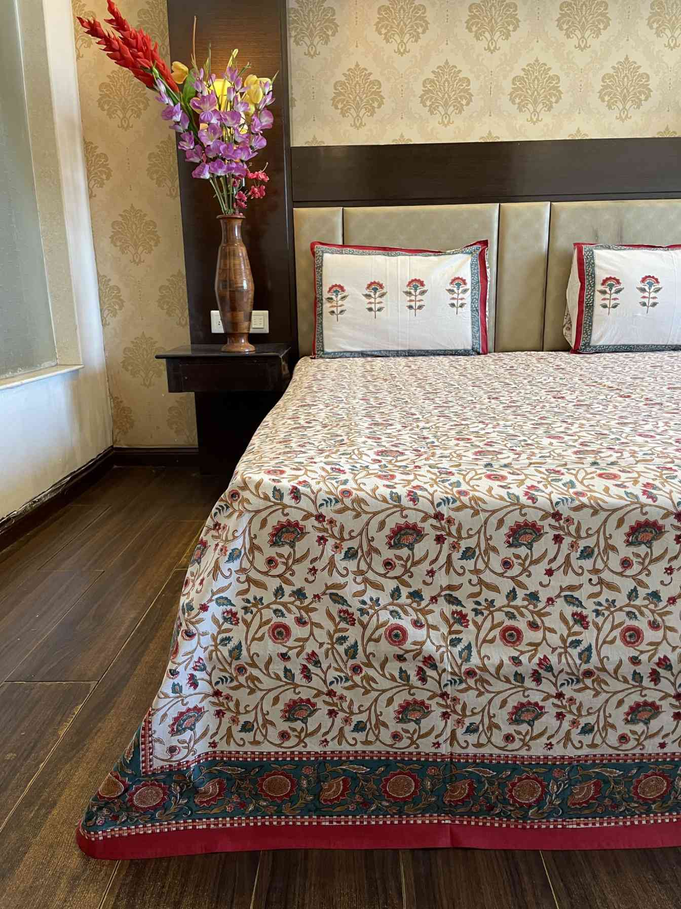 Premium Red Golden Kripal jaal Hand Block Print Jaipuri Cotton Bedsheet With Two Reversible Pillow Cover
