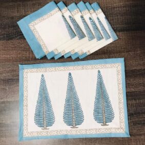 Royal Blue Tilak Hand Block Printed Cotton Table Mats & Napkins ( Set )
