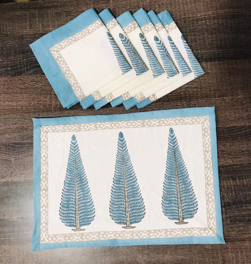 Royal Blue Tilak Hand Block Printed Cotton Table Mats & Napkins ( Set )