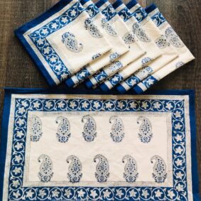 Blue Indigo Paisley Hand Block Printed Cotton Table Mats & Napkins ( Set )
