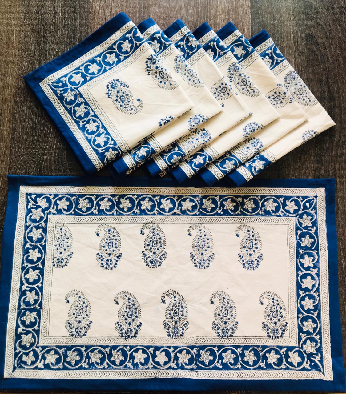 Blue Indigo Paisley Hand Block Printed Cotton Table Mats & Napkins ( Set )