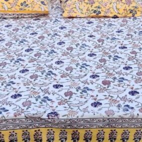 White Baagh Yellow Multi Colour Jaipuri Bedsheet with reversible pillow