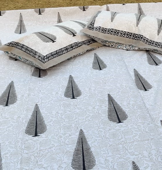 Brown Tilak Open Hand Block Print Jaipuri Cotton Bedsheet With Two Reversible Pillow Cover