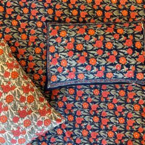 Dark Navi Blue Morning Glory Hand Block Print Jaipuri Cotton Bedsheet With Two Reversible Pillow Cover