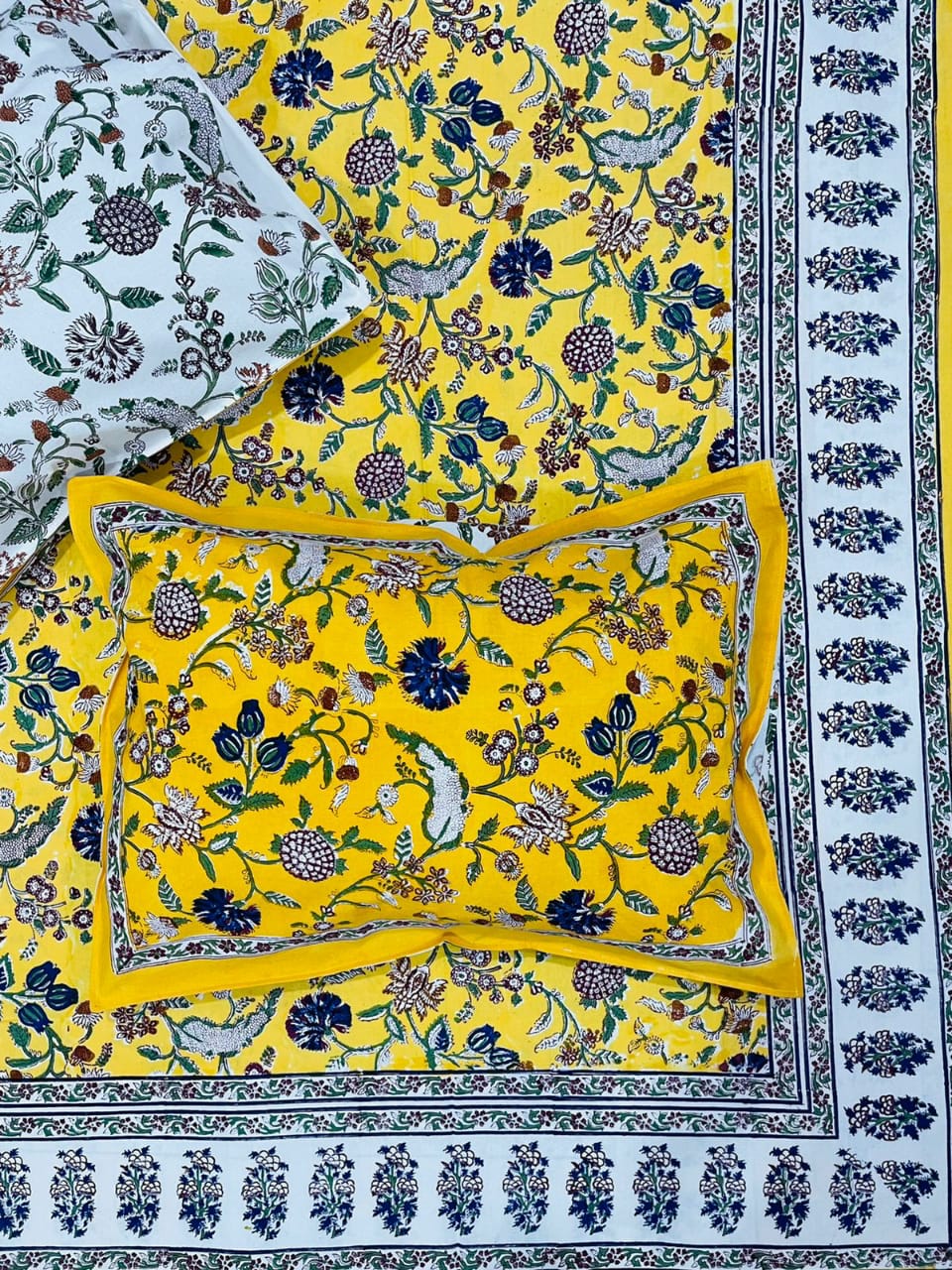 Traditional Baagh Yellow Multi Colour Jaipuri Bedsheet
