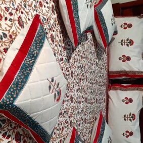 Red Kripal Butta Hand Block Print Jaipuri Cotton Bedsheet With Two Reversible Pillow Cover