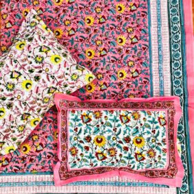 Mount glory pink vatika jaal Jaipuri Hand Block Print Cotton Bedsheet With Two Reversible Pillow Cover