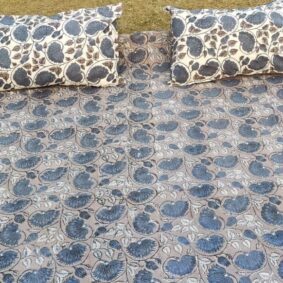 Brown Flowrel Jaal Hand Block Print Cotton Bedsheet With Reversible Two Pillow Cover