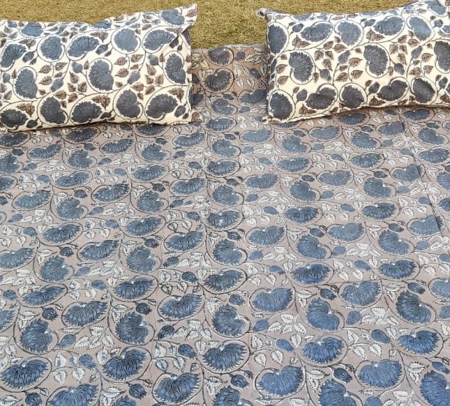Brown Flowrel Jaal Hand Block Print Cotton Bedsheet With Reversible Two Pillow Cover