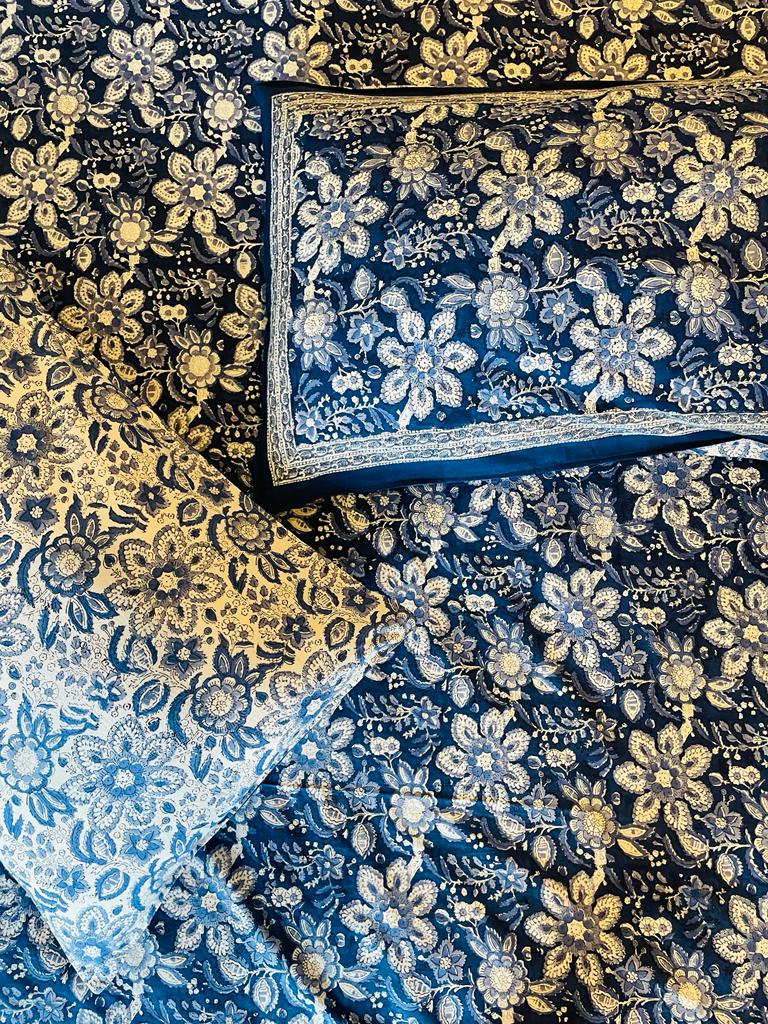 Blue Indigo Flowrel Jaal Hand Block Print Cotton Bedsheet With Two Pillow Cover