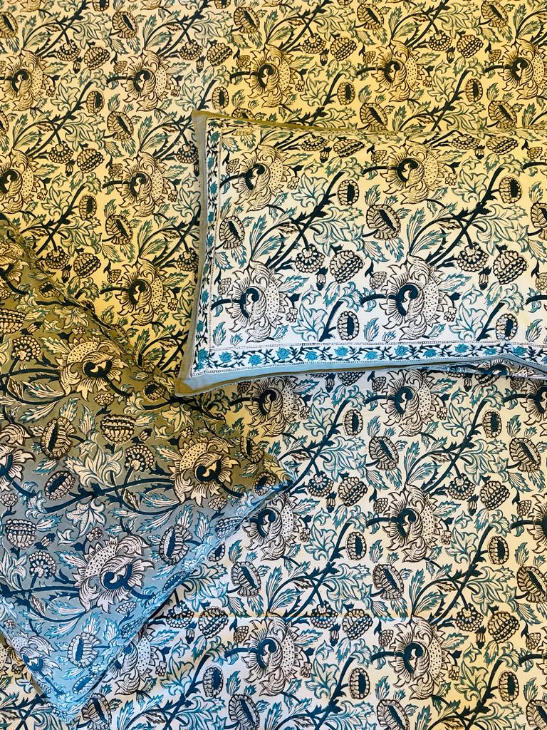 Blue open flower butta jaal with pillow cover
