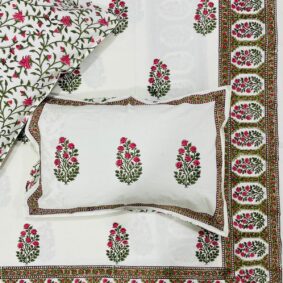 White base Red Mehrab Flower Buttil Hand Block Print Jaipuri Cotton Bedsheet With Two Reversible Pillow Cover