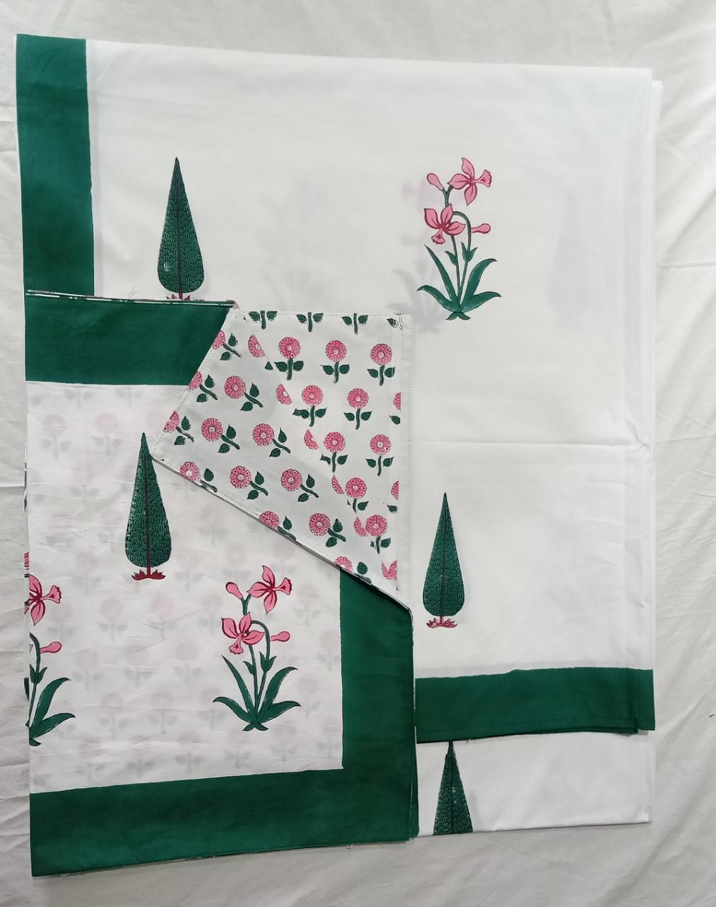 Florel tilak handblock printed bedsheet with two pillow cover