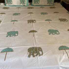 Traditional handblock printed cotton bedsheet with two pillow cover