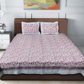 White base pink florel jaal cotton bedsheet with two pillow cover stitched with zipped