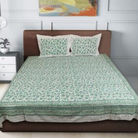 White base green jaal cotton bedsheet with two pillow cover stitched with zipped