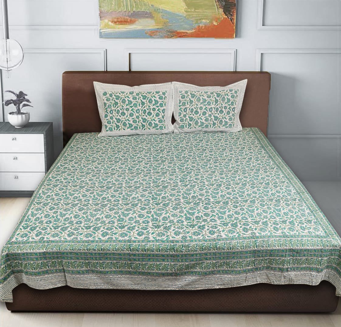 White base green jaal cotton bedsheet with two pillow cover stitched with zipped