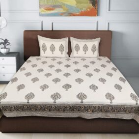 White base brown florel butti cotton bedsheet with two pillow cover stitched with zipped