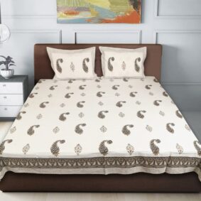 White base brown flowrel butti cotton bedsheet with two pillow cover stitched with zipped
