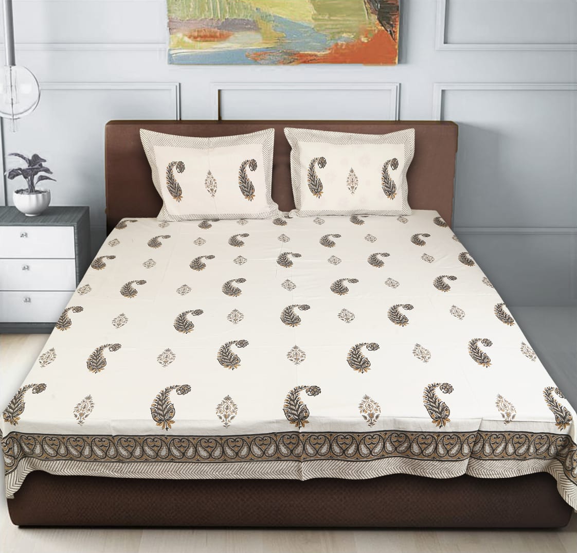 White base brown flowrel butti cotton bedsheet with two pillow cover stitched with zipped