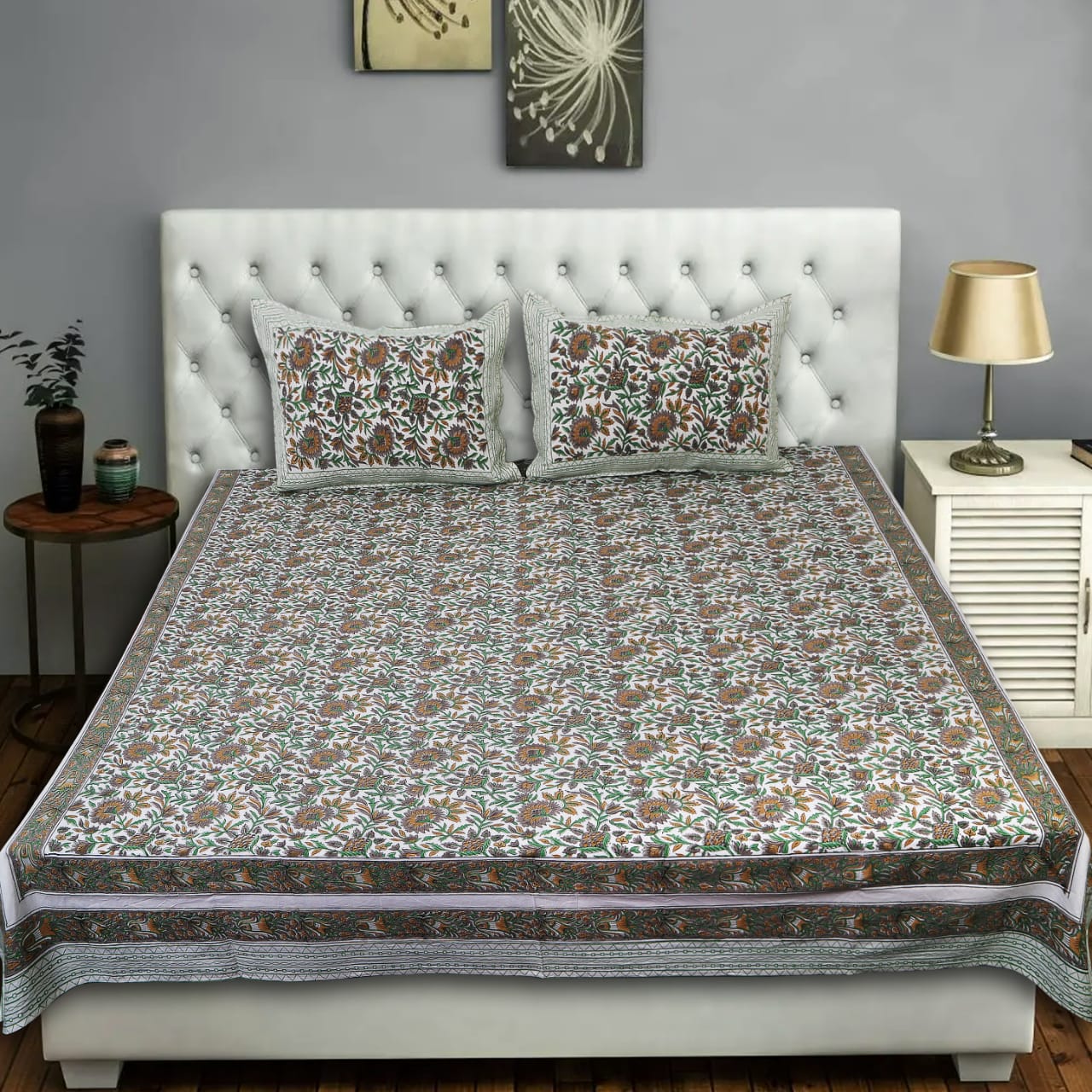 Handblock printed cotton bedsheet with two pillow cover