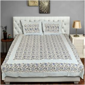Grey and blue flowrel butti Handblock printed cotton bedsheet with two pillow cover