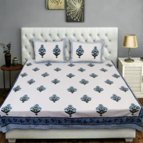White base blue flowrel butti Handblock printed cotton bedsheet with two pillow cover