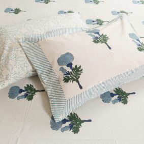 White base green flowrel butti Handblock printed cotton bedsheet with two reversible pillow cover