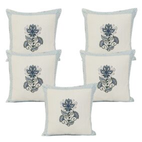 Blue Flower Jaipuri Hand Block Print Quilted Cushion Cover Set of 5