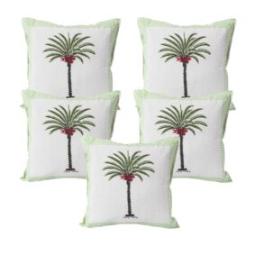 White Flower Jaipuri Hand Block Print Quilted Cushion Cover Set of 5