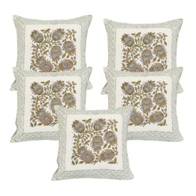 Brown Flower Butti Jaipuri Hand Block Print Quilted Cushion Cover Set of 5