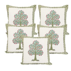 Olive green Butti Jaipuri Hand Block Print Quilted Cushion Cover Set of 5