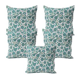 Blue Flower Butti Jaipuri Hand Block Print Quilted Cushion Cover Set of 5