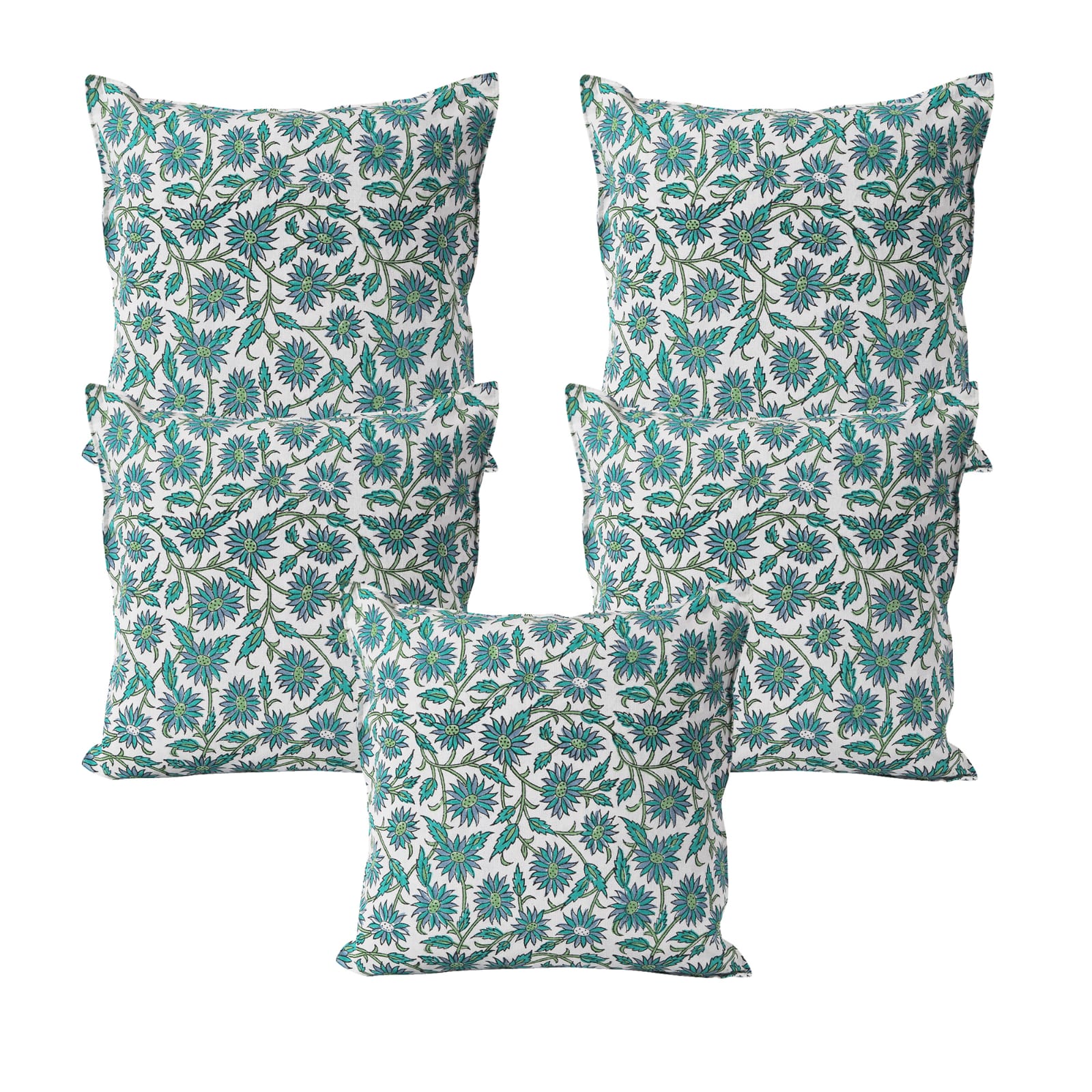 Blue Flower Butti Jaipuri Hand Block Print Quilted Cushion Cover Set of 5