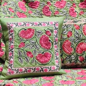 Green Lotus Jaipuri Hand Block Print Quilted Cushion Cover Set of 5