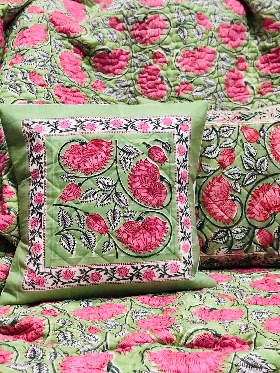 Green Lotus Jaipuri Hand Block Print Quilted Cushion Cover Set of 5