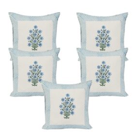 Blue Flower Butti Jaipuri Hand Block Print Quilted Cushion Cover Set of 5