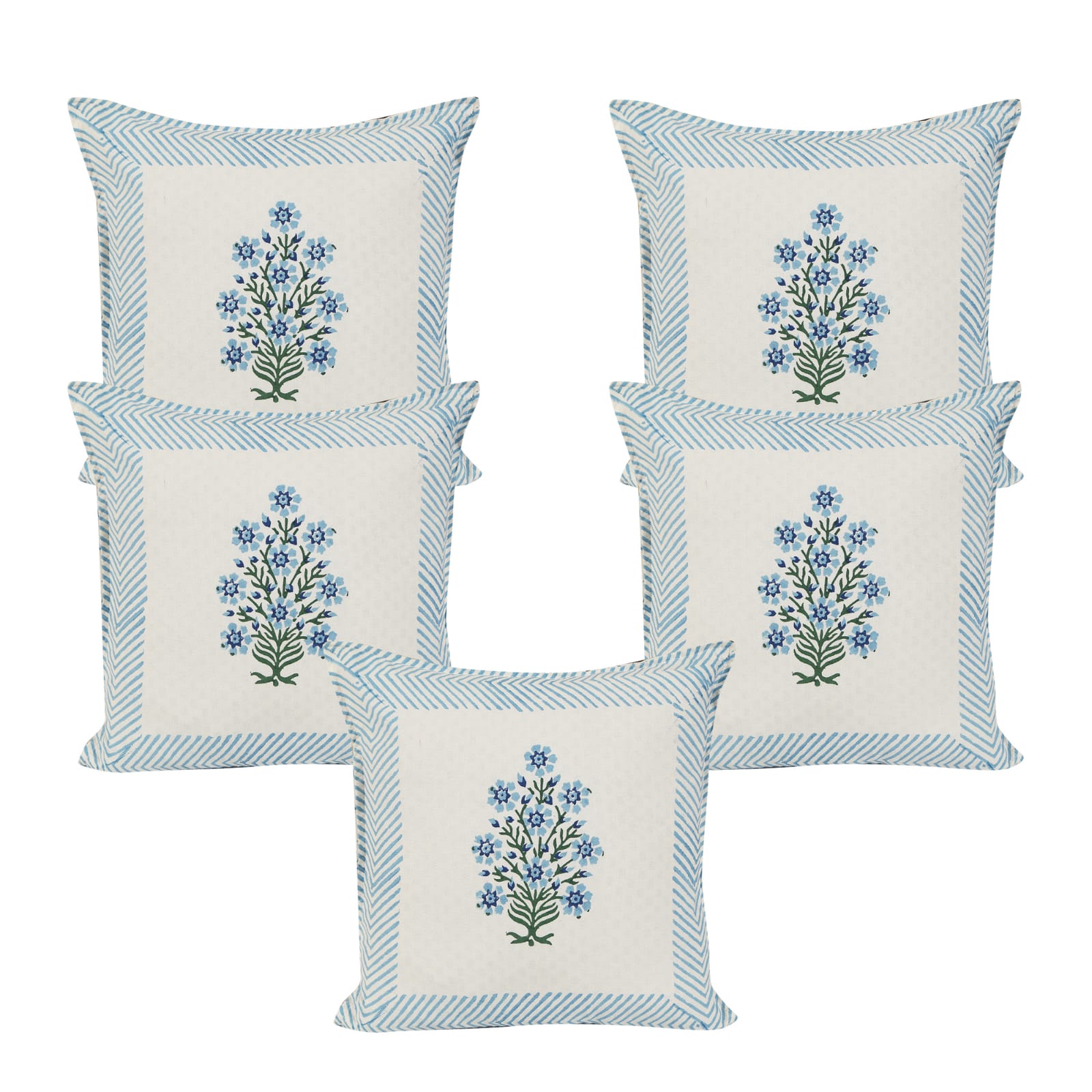 Blue Flower Butti Jaipuri Hand Block Print Quilted Cushion Cover Set of 5