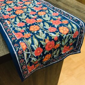 Dark Navi Blue Morning Glory Jaipuri Hand Block Print Cotton Table Runner