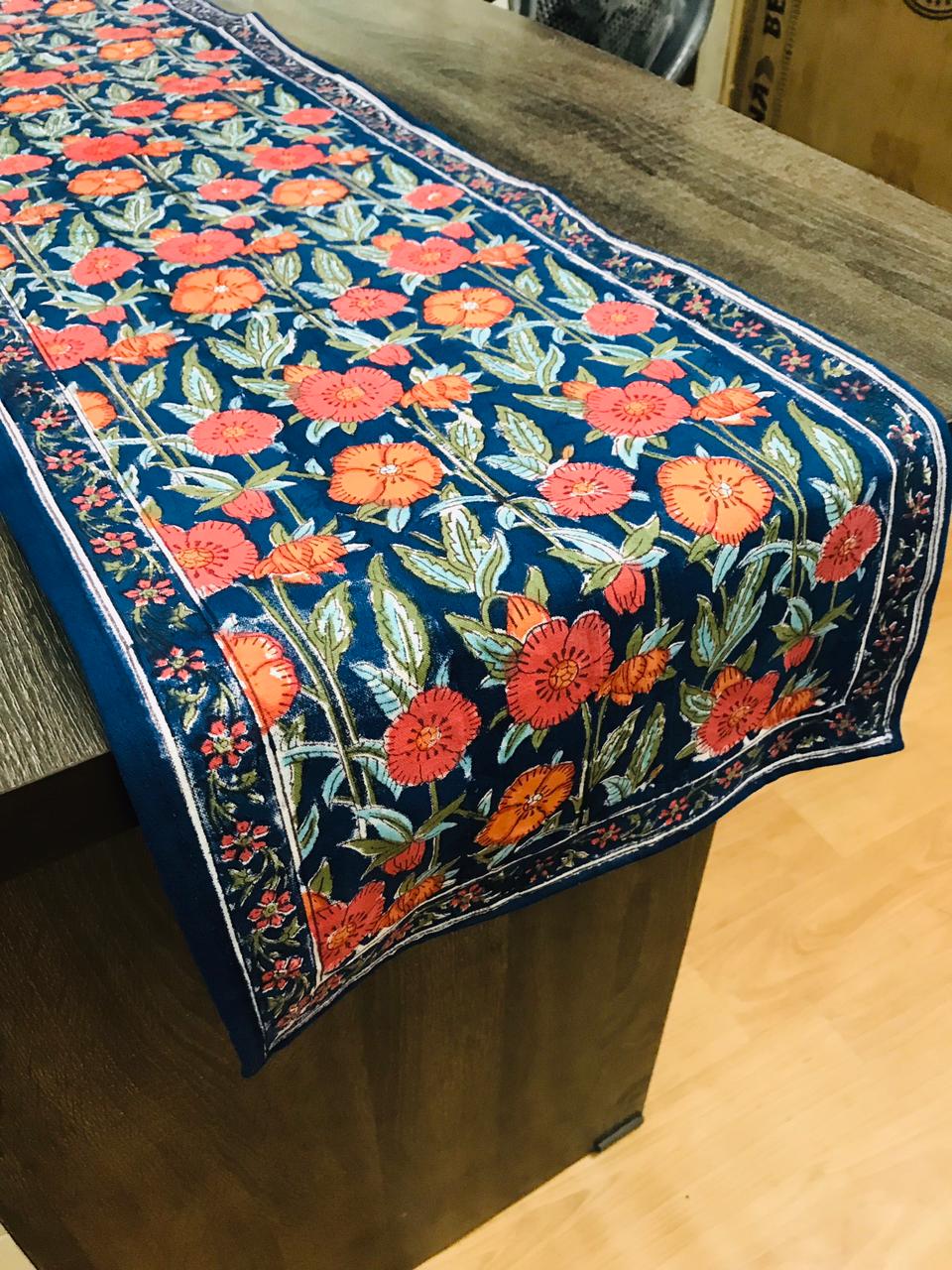 Dark Navi Blue Morning Glory Jaipuri Hand Block Print Cotton Table Runner